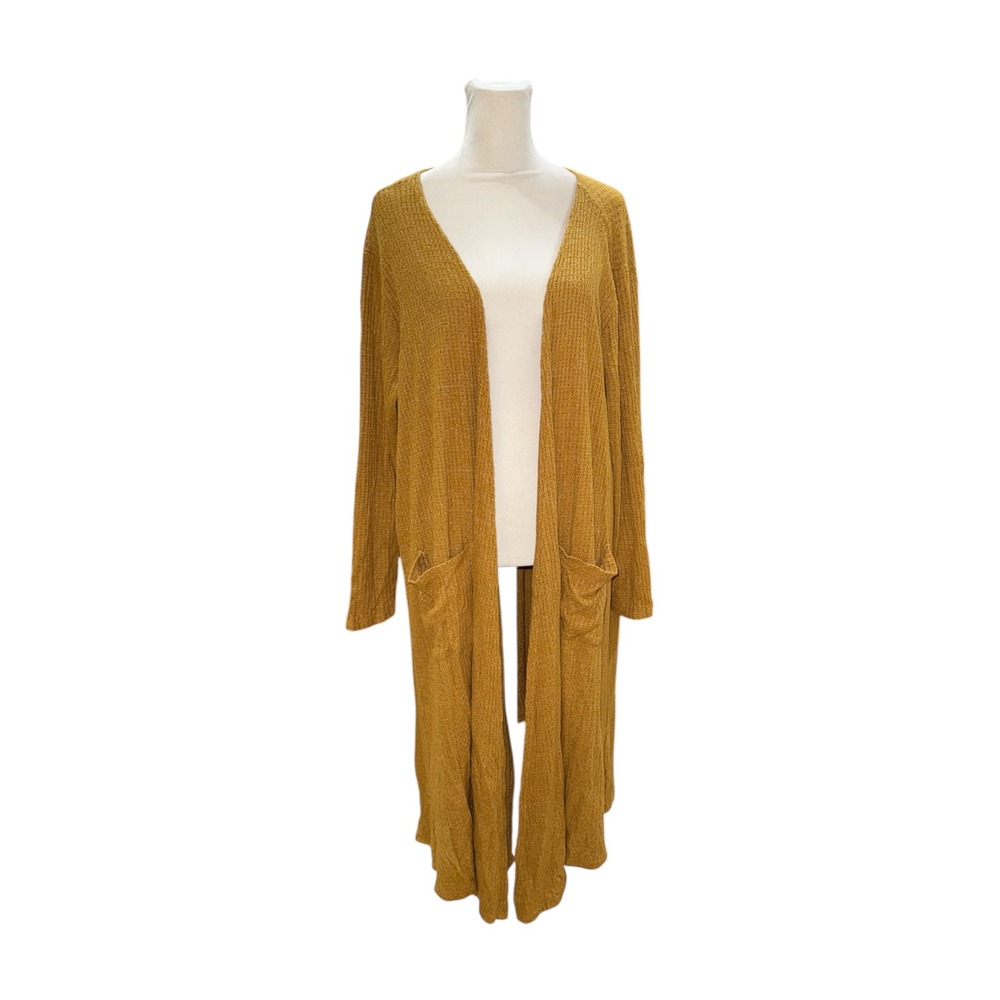 LuLaRoe‎ Sarah Cardigan Large Mustard Yellow Waffle Knit Longline Duster Pockets